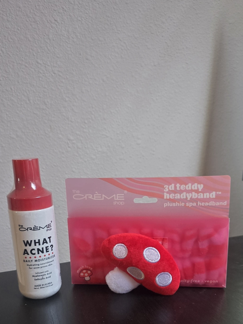The Crème Shop 3D Spa Mushroom Headband & What Acne Face Moisturizer
